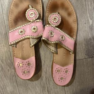 Pink Leather Embellished Sandals with Gold Trim